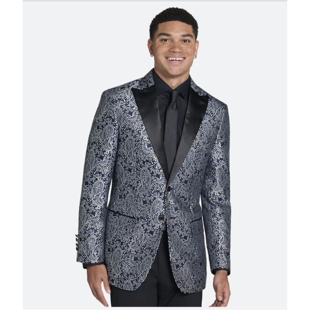 Egara Slim Fit Paisley Dinner Jacket for Men - Blue and Gray Paisley- 44R